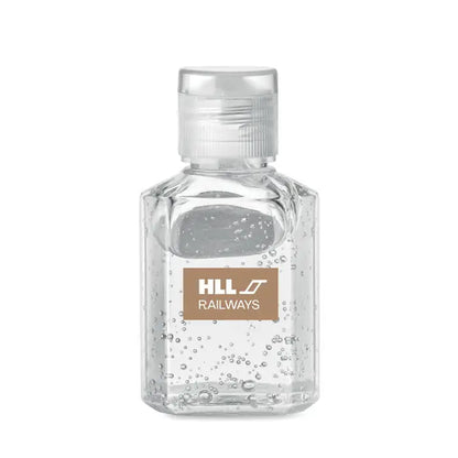 Gel de curatare maini 30 ml în sticla transparenta cu capac flip-top si eticheta maro hll railways alba