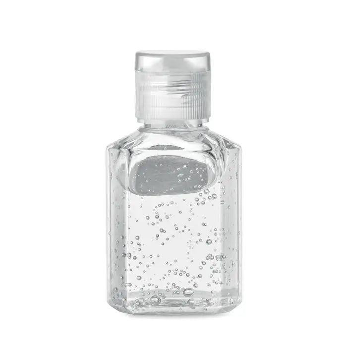 Gel de curatare maini 30 ml in sticla transparenta cu capac flip-top, lichid clar cu bule mici