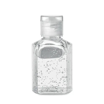 Gel de curatare maini 30 ml in sticla transparenta cu capac flip-top, lichid clar cu bule mici