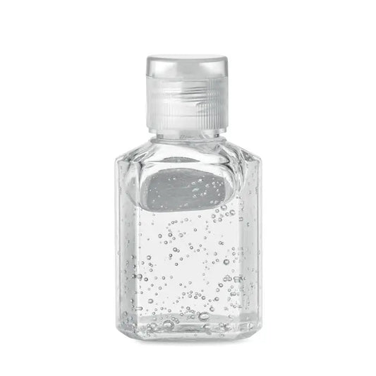 Gel de curatare maini 30 ml in sticla transparenta cu capac flip-top, lichid clar cu bule mici