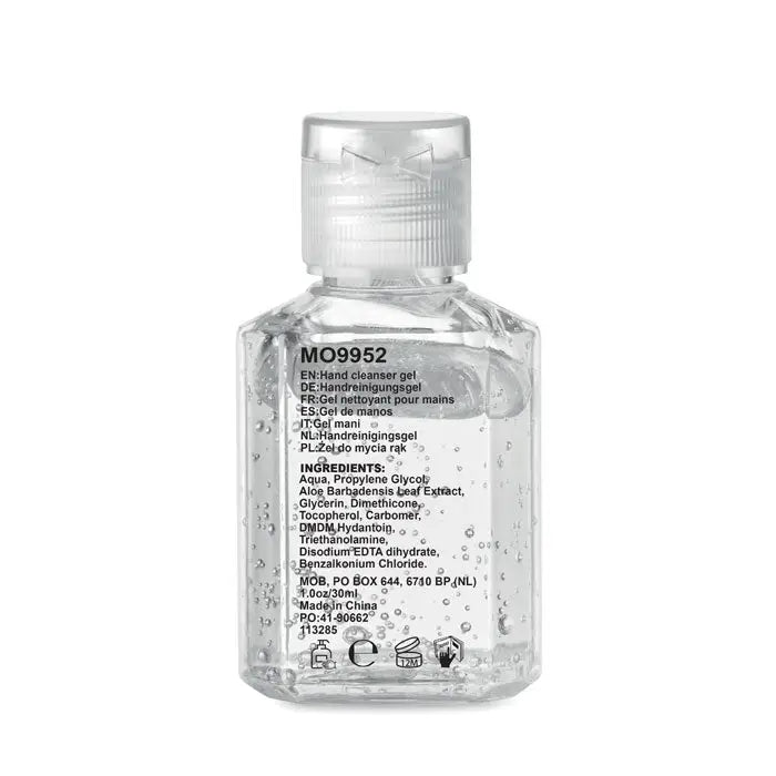 Gel de curatare maini 30 ml in sticla transparenta cu capac flip-top si lichid vizibil inauntru