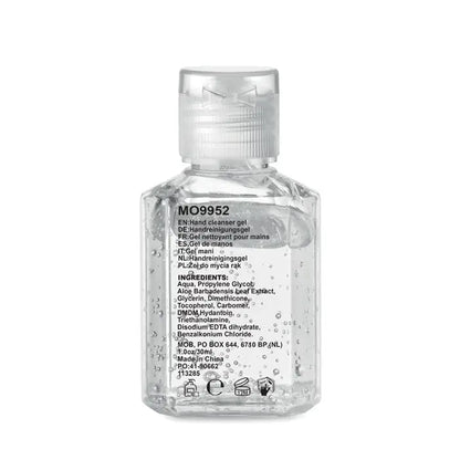 Gel de curatare maini 30 ml in sticla transparenta cu capac flip-top si lichid vizibil inauntru