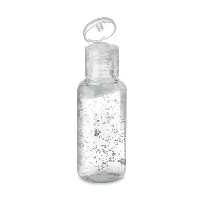 Gel de curatare maini 50 ml in sticla transparenta cu capac rabatabil si bule vizibile in gel