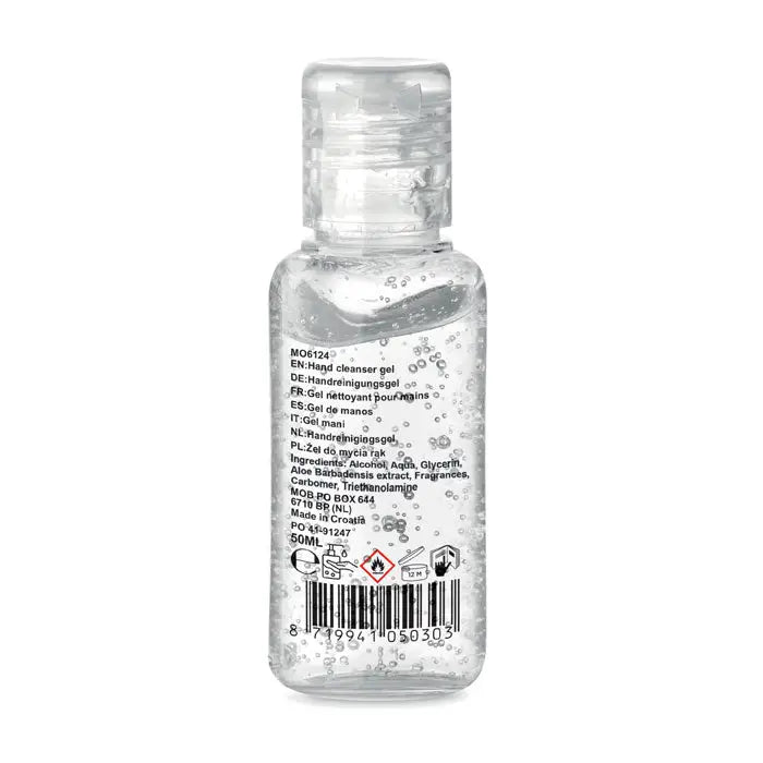 Gel de curatare maini 50 ml in recipient transparent din plastic cu capac flip-top si bule vizibile in gel