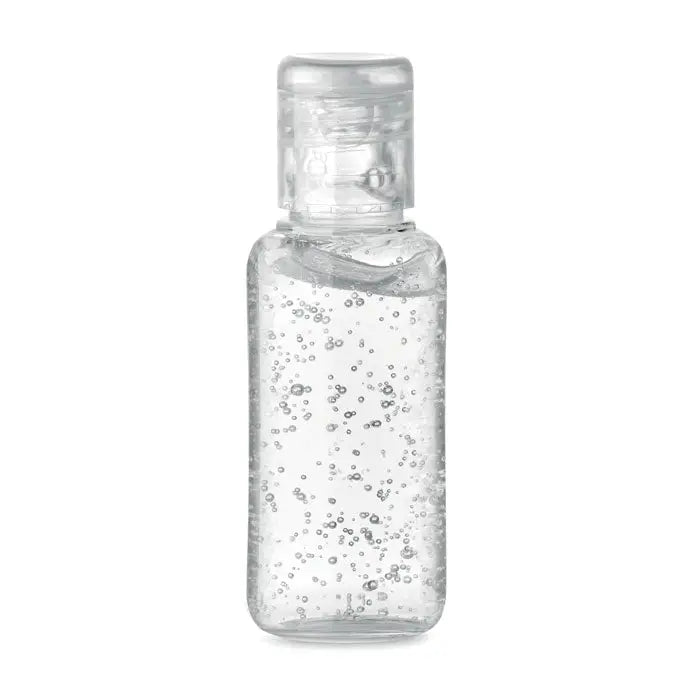 Sticla transparenta de gel de curatare maini 50 ml cu capac flip-top si bule vizibile in lichid