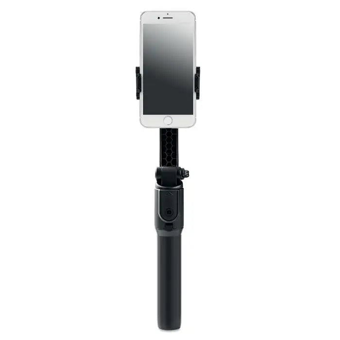 Gimbal suport smartphone cu selfie stick negru si smartphone alb montat pentru capturi stabile si precise