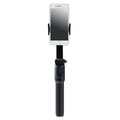 Gimbal suport smartphone cu selfie stick negru si smartphone alb montat pentru capturi stabile si precise