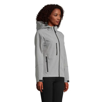 Jachetă softshell gri gluga replay femei cu glugă și fermoar negru pentru protecție și confort