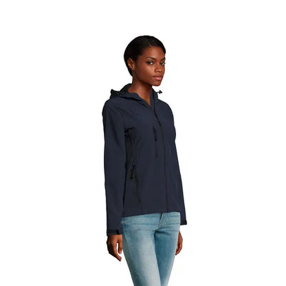Jachetă softshell gluga replay femei bleumarin cu fermoar negru și buzunare laterale din material moale
