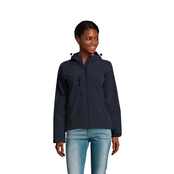 Geacă softshell bleumarin închis cu glugă pentru femei gluga replay femei softshell cu buzunare cu fermoar și șnururi reglabile