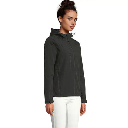 Jachetă softshell gluga replay femei gri închis cu glugă și buzunare cu fermoar din material moale