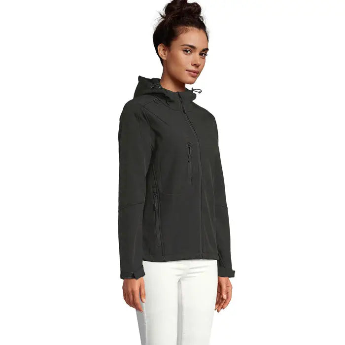 Jachetă softshell gluga replay femei gri închis cu glugă și buzunare cu fermoar din material moale