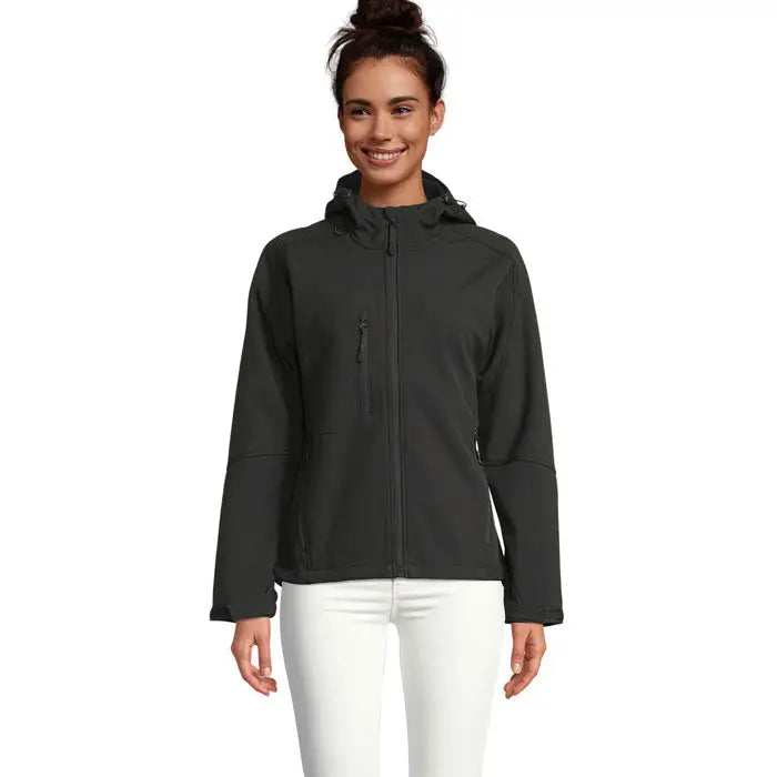 Jachetă softshell neagră gluga replay femei cu glugă și buzunare cu fermoar, ideală pentru exterior