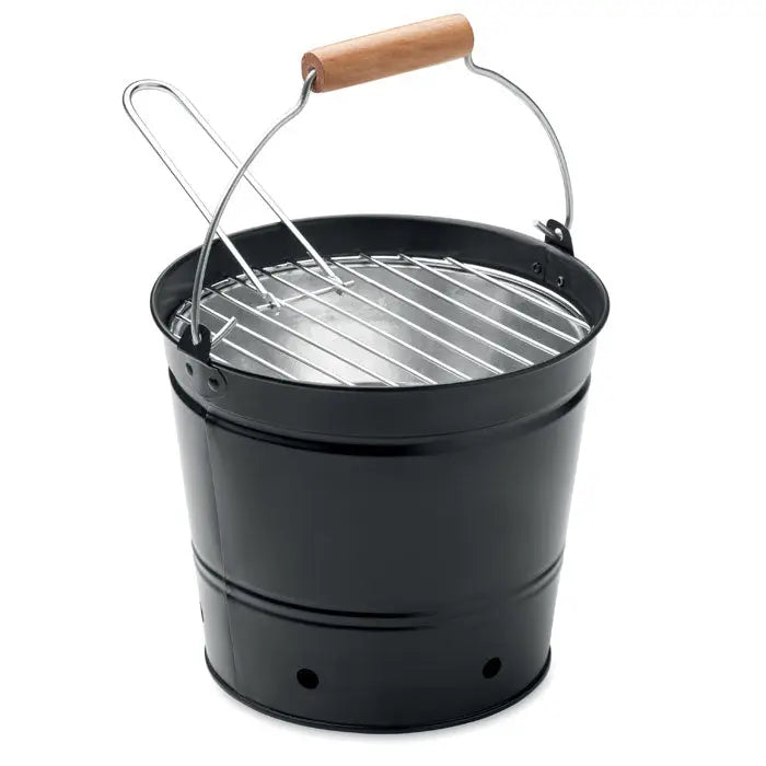 Gratar cu galeata portabil negru cu maner lemn si gratar inox pentru gatit in aer liber