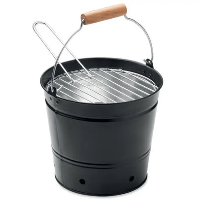 Gratar cu galeata portabil negru cu maner lemn si gratar inox pentru gatit in aer liber
