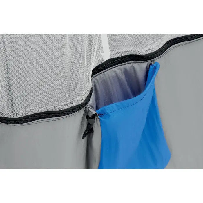 Hamac cu plasa de tantari cu buzunar albastru inchis si fermoar negru din material plasa gri pentru camping