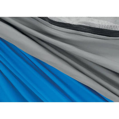 Hamac cu plasa de tantari gri si albastru cu fermoar negru si captuseala din plasa pentru protectie impotriva insectelor