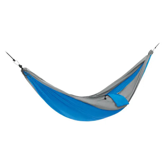 Hamac usor pliabil din nylon doua nuante albastru si gri cu perna incorporata pentru relaxare confortabila