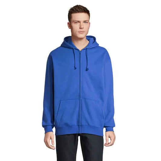 Hanorac carter albastru regal cu fermoar complet, buzunar frontal si gluga cu snur pentru uz casual