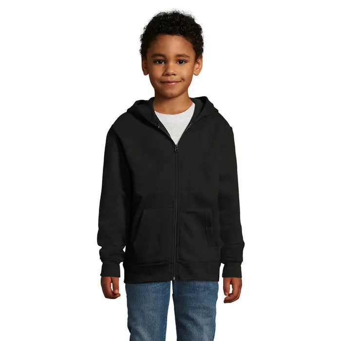 Hanorac zip negru hoodor copii stone 260g cu buzunare frontale si gluga din material gros