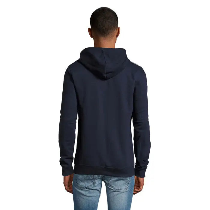 Hanorac unisex navy cu gluga horica stone cu fermoar, manșete și tiv striate din material rezistent