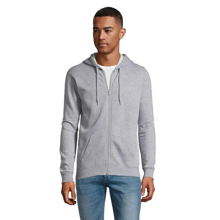 Hanorac unisex horica stone gri melanj cu fermoar, buzunar frontal si gluga cu snur
