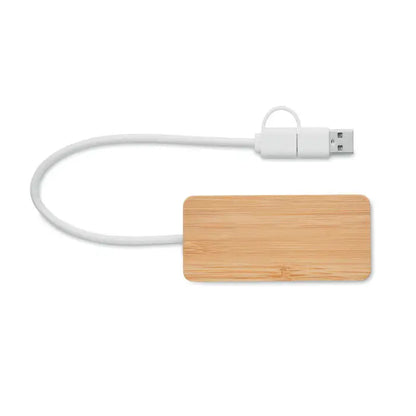 Hub bamboo usb cu 3 porturi cablu de incarcare usb dreptunghiular din bambus cu mufa si cablu alb