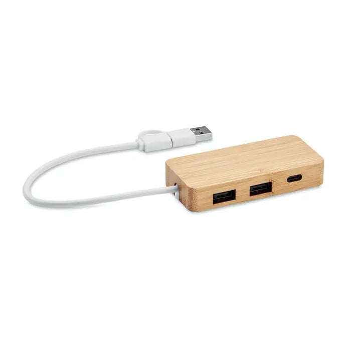 Hub bamboo usb cu 3 porturi din bambus cu cablu alb si multiple porturi pentru conectare usoara