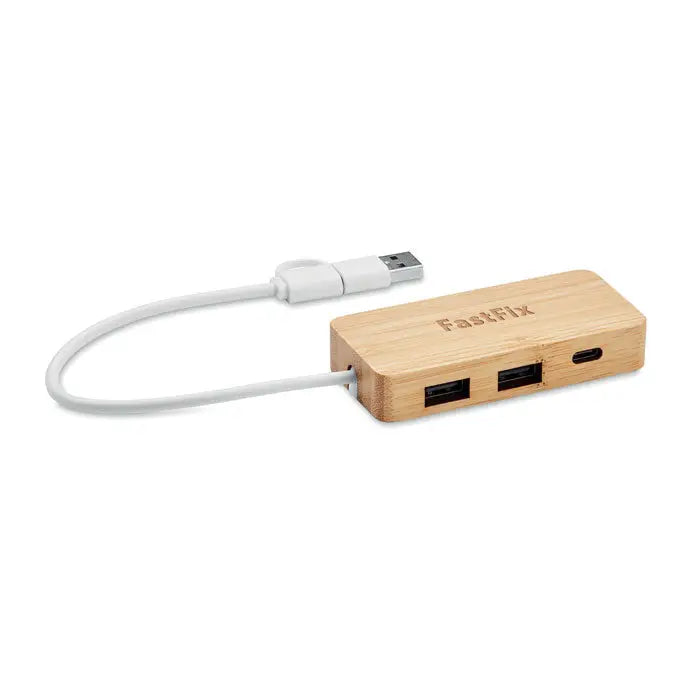Hub bamboo usb cu 3 porturi din bambus cu cablu alb și design sleek pentru conectivitate rapidă