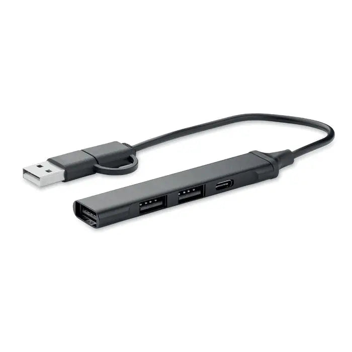 Hub usb 4 porturi 19 cm negru cu un port usb-a si trei porturi usb-a si usb-c conectate prin cablu scurt