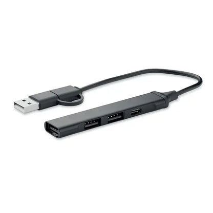 Hub usb 4 porturi 19 cm negru cu un port usb-a si trei porturi usb-a si usb-c conectate prin cablu scurt