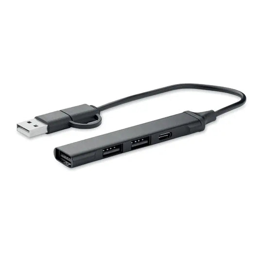 Hub usb 4 porturi 19 cm negru cu un port usb-a si trei porturi usb-a si usb-c conectate prin cablu scurt