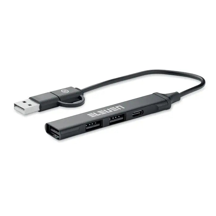 Hub usb negru din plastic cu 4 porturi si cablu impletit de 19 cm pentru extinderea conectorilor usb