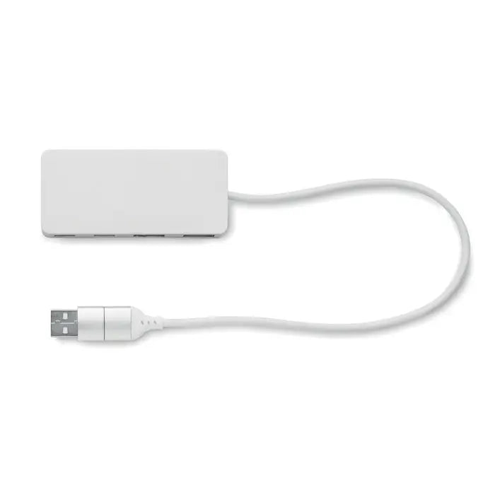 Hub usb alb cu 4 porturi si design minimalist conectat prin cablu subtire de 27,5 cm