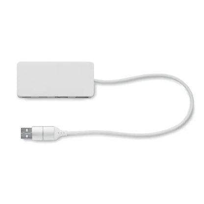 Hub usb alb cu 4 porturi si design minimalist conectat prin cablu subtire de 27,5 cm
