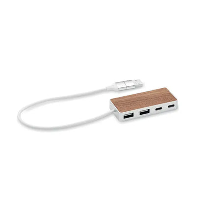 Hub usb 4 porturi 27,5 cm cu finisaj lemn si cablu alb cu conectori metalici pentru multiple dispozitive