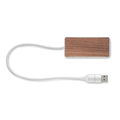 Hub usb 4 porturi 27,5 cm cu hub usb dreptunghiular din lemn deschis la culoare si cablu alb usb standard