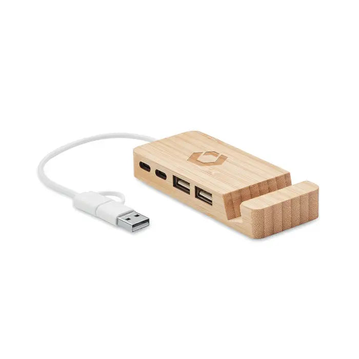 Hub usb bamboo light brown cu 4 porturi din bambus cu suport incorporat pentru telefon