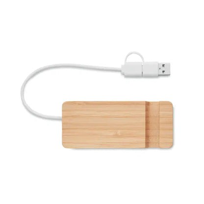 Hub usb bamboo cu 4 porturi din bambus maro deschis cu cablu usb alb si conector pentru incarcare