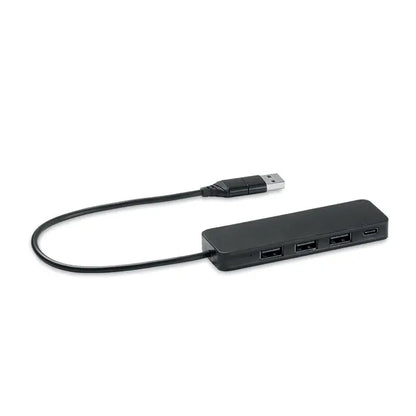 Hub usb-c negru cu 4 porturi și un cablu extins dintr-o parte pentru conectivitate simplă