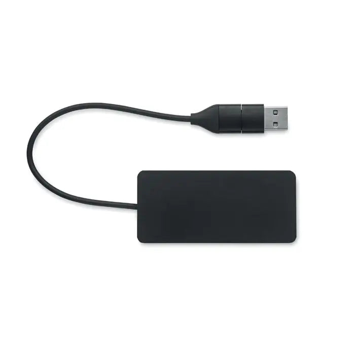 Hub usb cu 3 porturi negru cu corp dreptunghiular si cablu scurt de 20 cm pentru conectare rapida usb-to-usb
