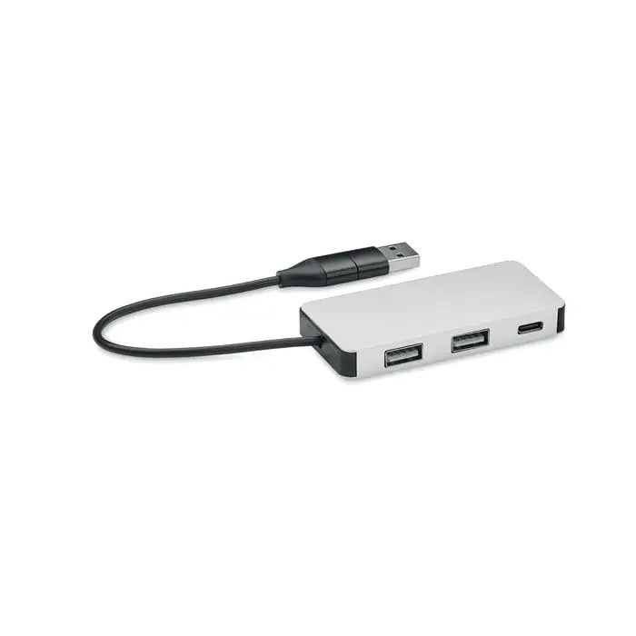 Hub usb cu 3 porturi din aluminiu argintiu cu accente negre si cablu de 20 cm cu usb-a si usb-c