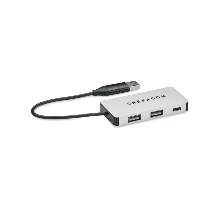 Hub usb cu 3 porturi argintiu si negru cu cablu de 20 cm si carcasa hexacon din metal