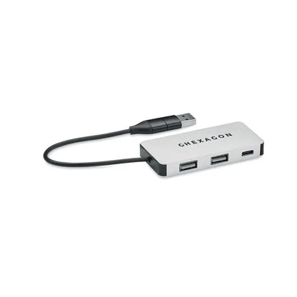 Hub usb cu 3 porturi argintiu si negru cu cablu de 20 cm si carcasa hexacon din metal