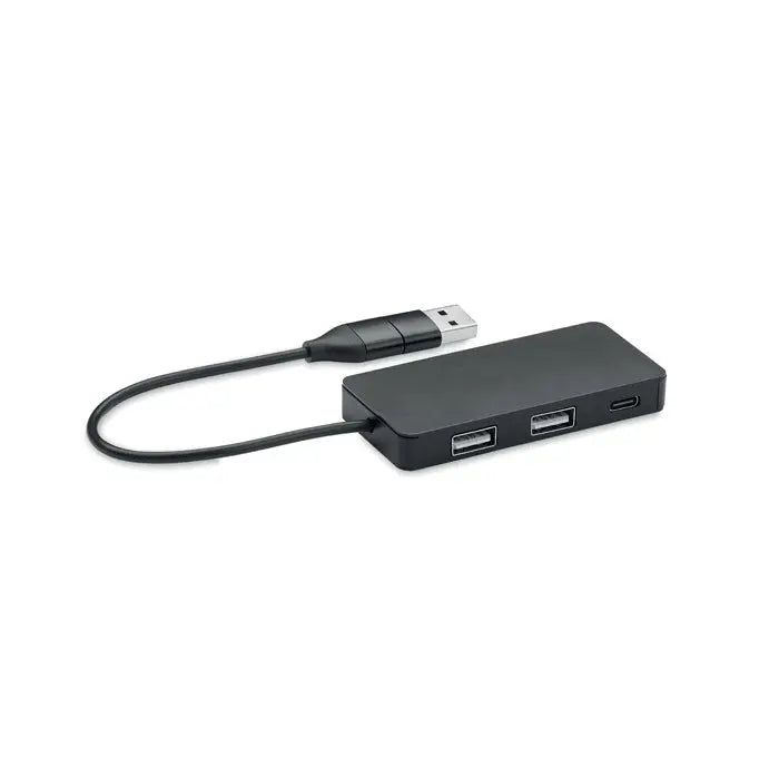 Hub usb negru rectangular cu 3 porturi si cablu conectat de 20 cm pentru extinderea conexiunilor usb