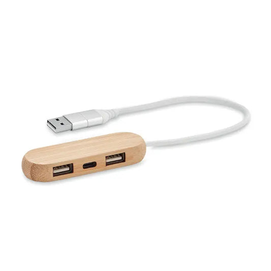 Hub usb cu 3 porturi din lemn deschis cu cablu alb si conectori metalici argintii cu intrare dubla