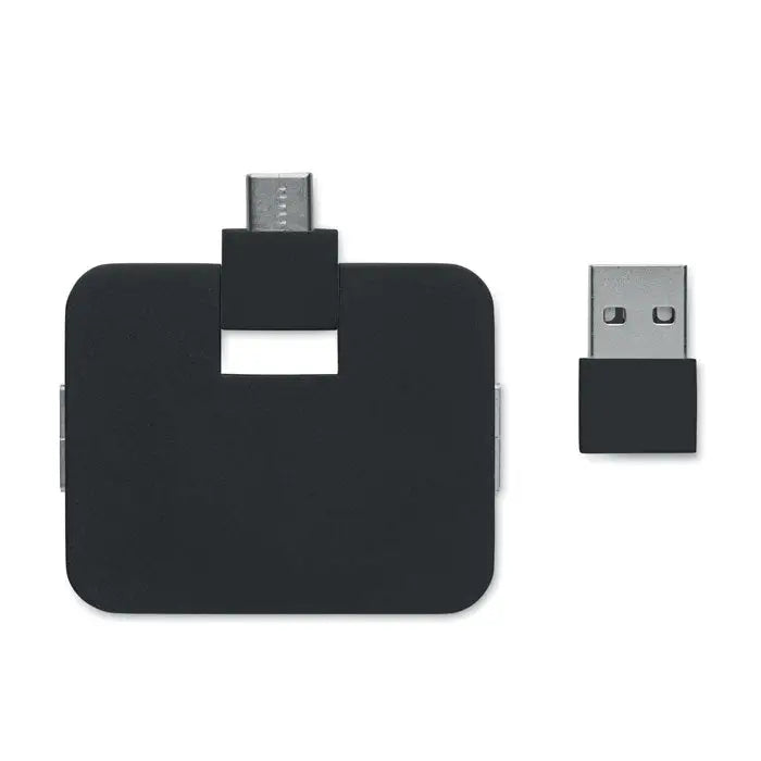 Hub usb cu 4 porturi negru cu carcasa mata si port micro usb argintiu pe partea superioara