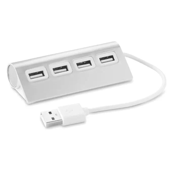 Hub usb cu 4 porturi din aluminiu argintiu cu cablu alb pentru extinderea conexiunilor usb
