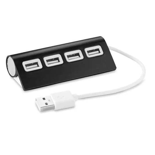 Hub usb cu 4 porturi negru cu patru porturi argintii si cablu alb pentru conectare periferice