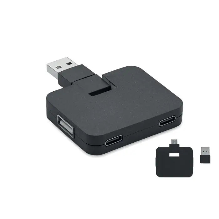 Hub usb cu 4 porturi negru cu multiple porturi usb a, doua usb c si micro usb pentru conectivitate extinsa